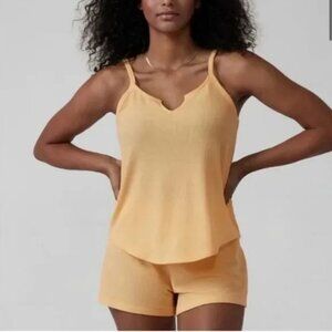 ATHLETA Waffle Knit Wind Down Sleep Tank Top Size Medium Yellow Canary Cami NEW